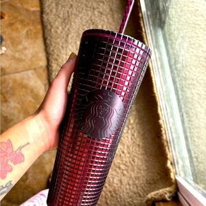Starbucks Venti Plastic Tumbler Cup - Red and Black - Square Grid